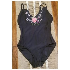 90s one piece swim suit with floral embroidery